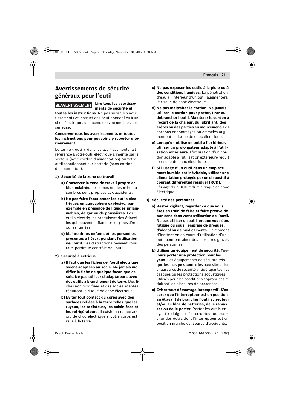 Avertissements de sécurité généraux pour l’outil | Bosch GSB 13 RE Professional User Manual | Page 21 / 210