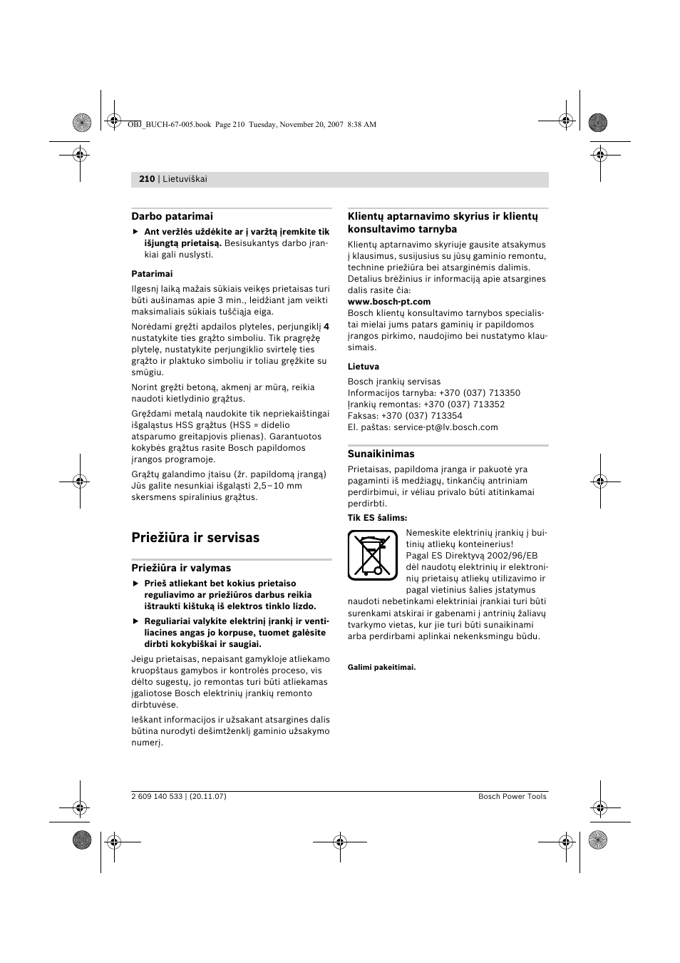 Priežiūra ir servisas | Bosch GSB 13 RE Professional User Manual | Page 210 / 210