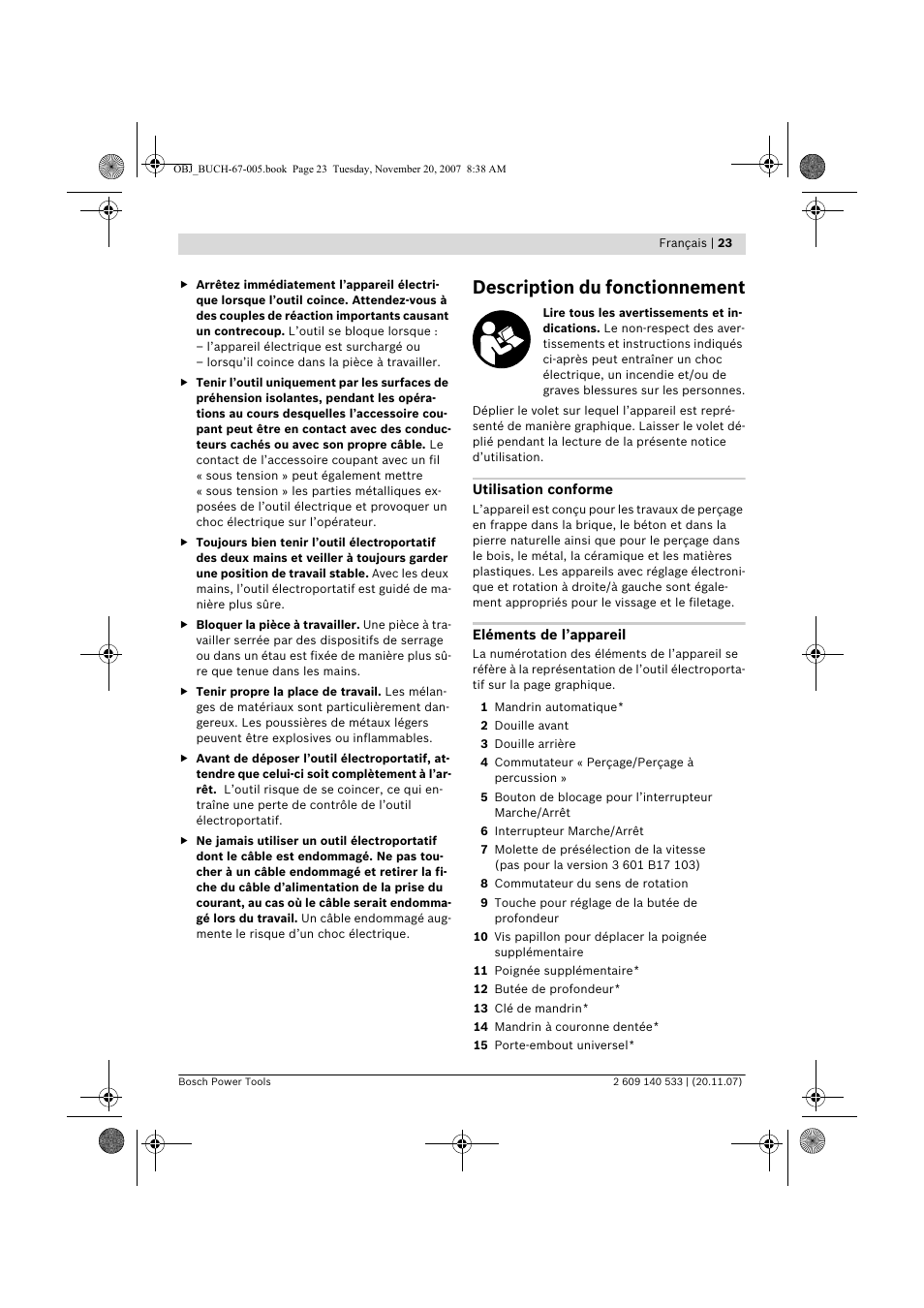 Description du fonctionnement | Bosch GSB 13 RE Professional User Manual | Page 23 / 210