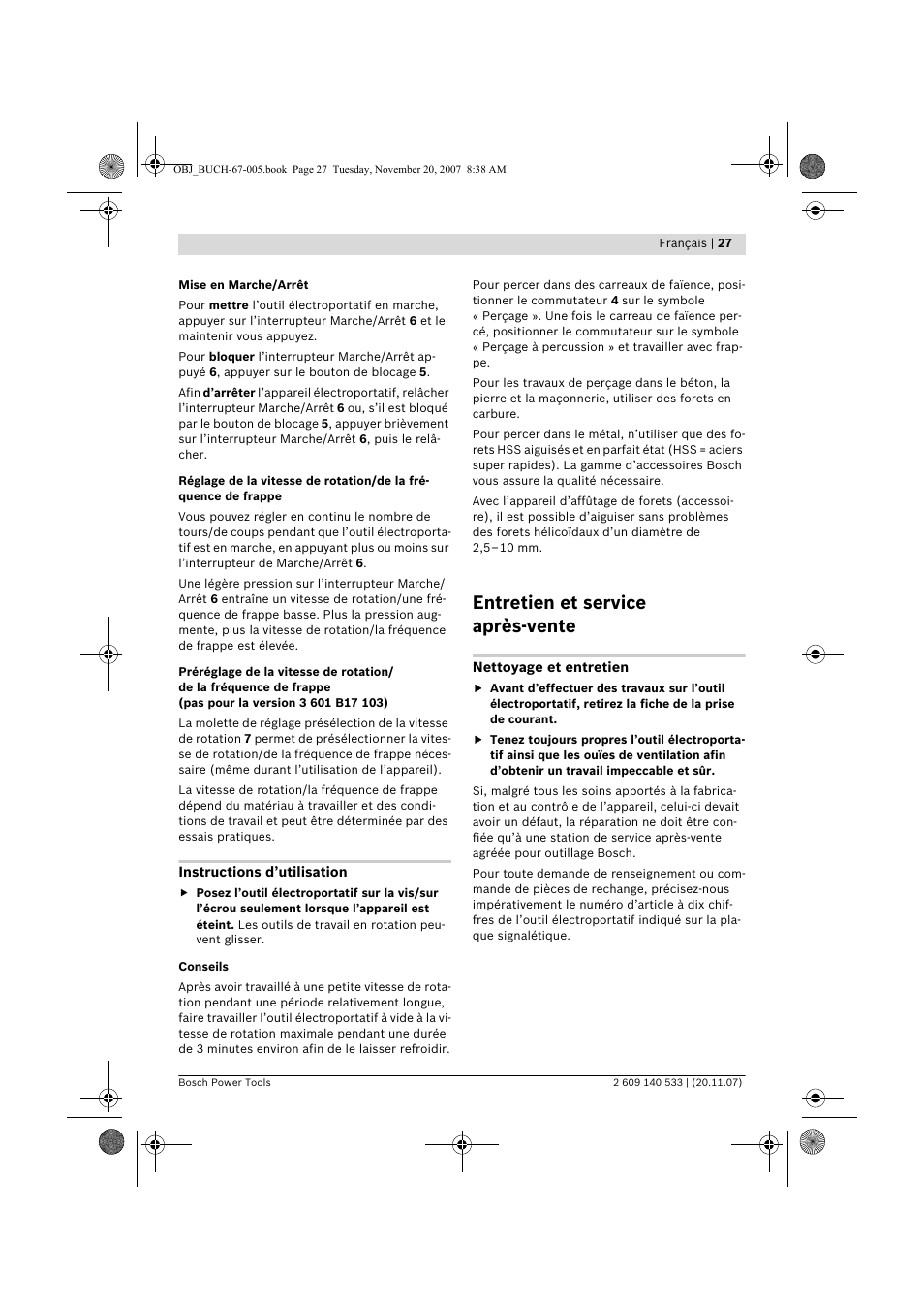 Entretien et service après-vente | Bosch GSB 13 RE Professional User Manual | Page 27 / 210