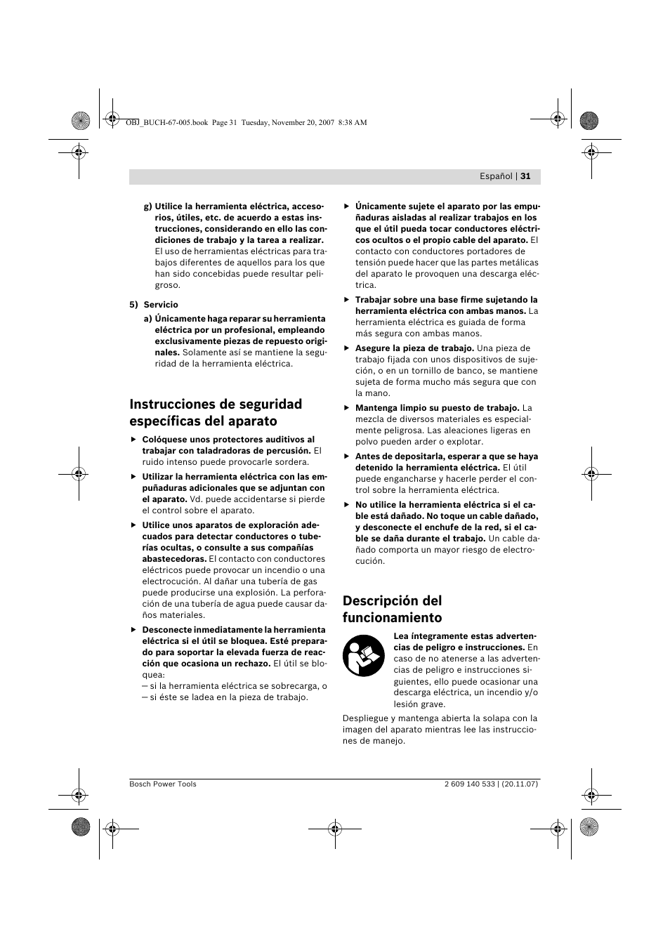 Instrucciones de seguridad específicas del aparato, Descripción del funcionamiento | Bosch GSB 13 RE Professional User Manual | Page 31 / 210