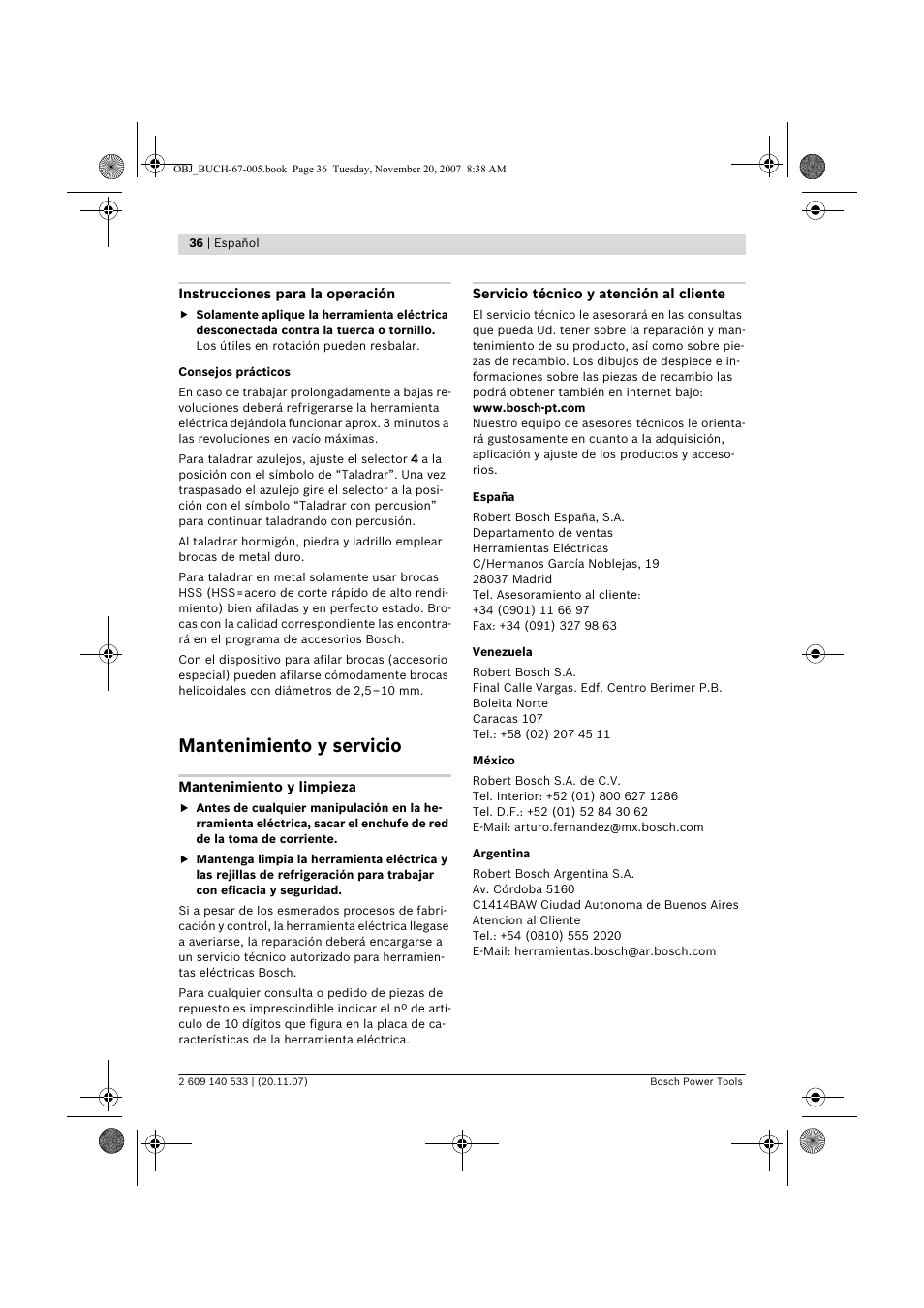 Mantenimiento y servicio | Bosch GSB 13 RE Professional User Manual | Page 36 / 210