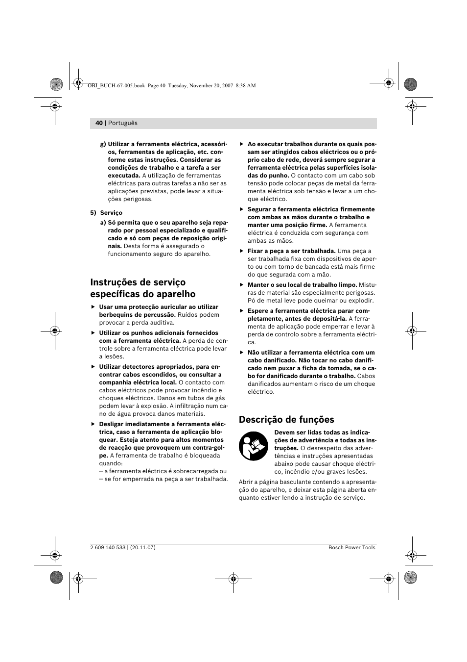 Instruções de serviço específicas do aparelho, Descrição de funções | Bosch GSB 13 RE Professional User Manual | Page 40 / 210