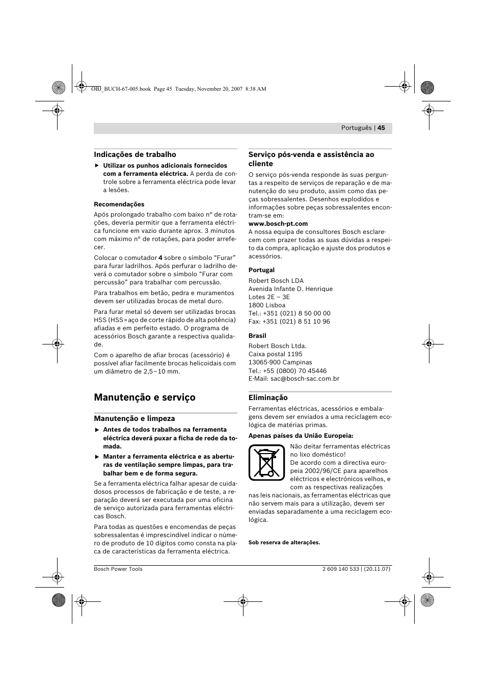 Manutenção e serviço | Bosch GSB 13 RE Professional User Manual | Page 45 / 210