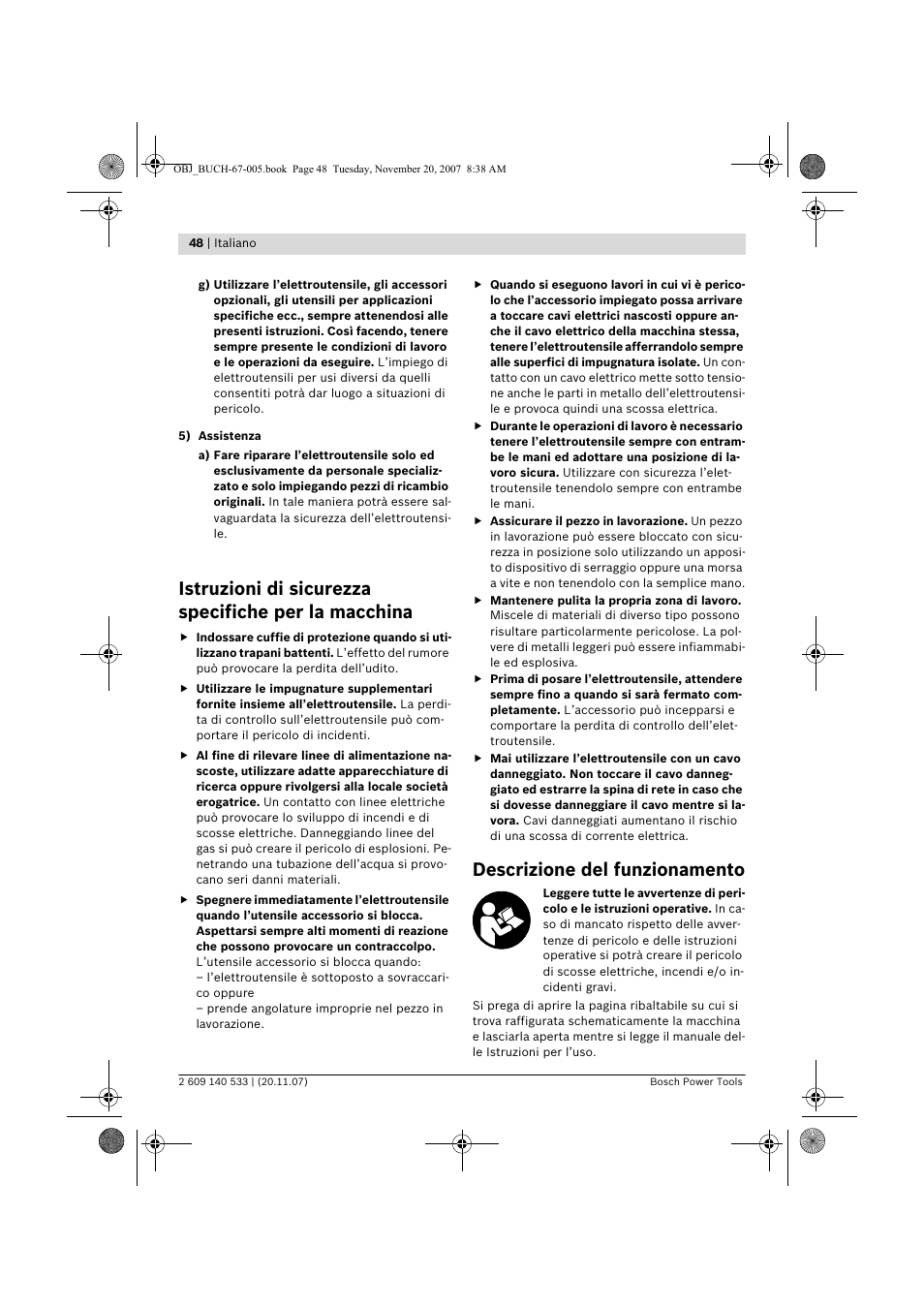 Istruzioni di sicurezza specifiche per la macchina, Descrizione del funzionamento | Bosch GSB 13 RE Professional User Manual | Page 48 / 210