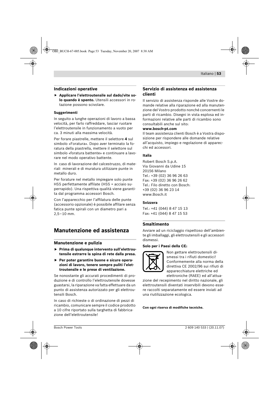 Manutenzione ed assistenza | Bosch GSB 13 RE Professional User Manual | Page 53 / 210