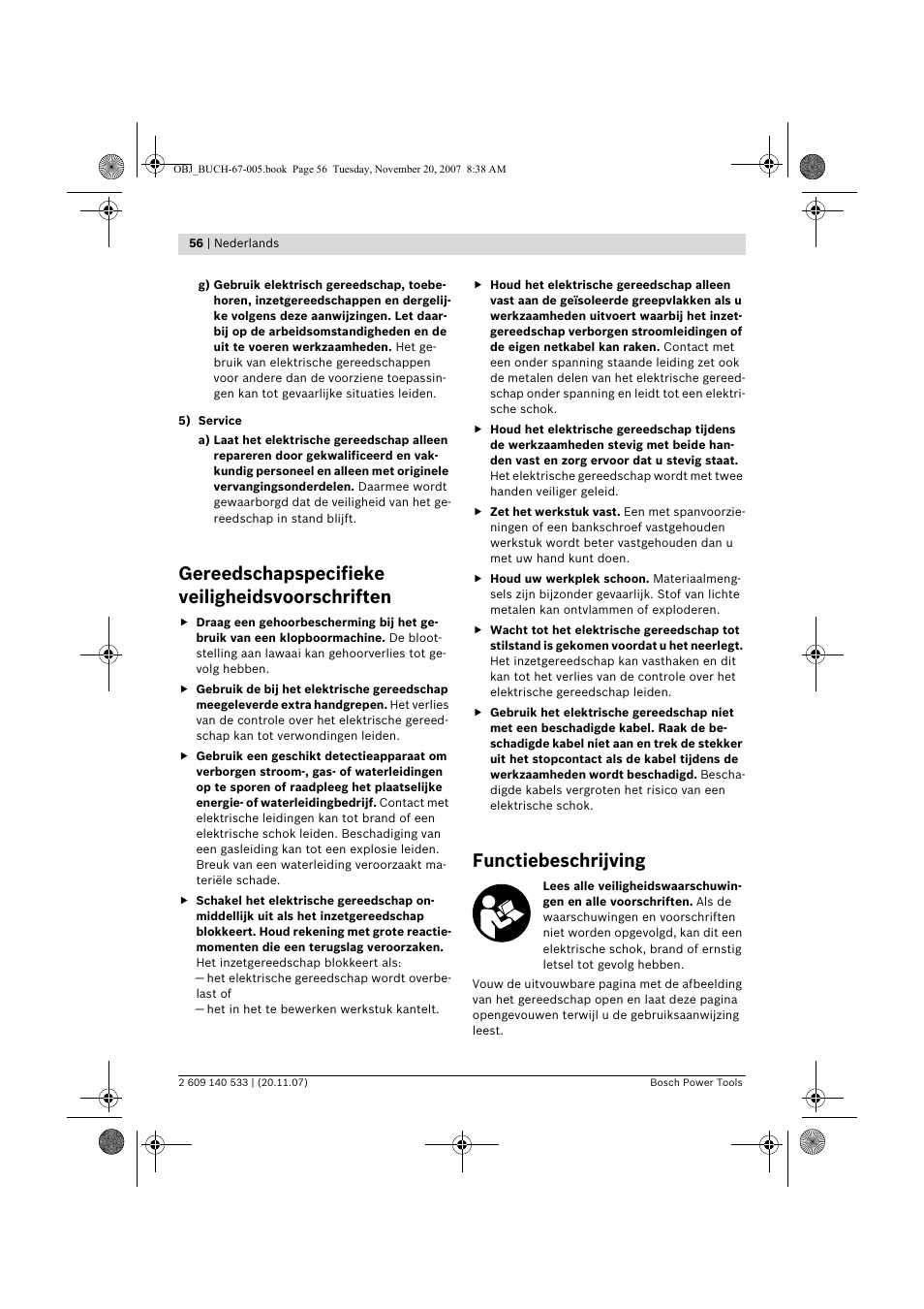 Gereedschapspecifieke veiligheidsvoorschriften, Functiebeschrijving | Bosch GSB 13 RE Professional User Manual | Page 56 / 210