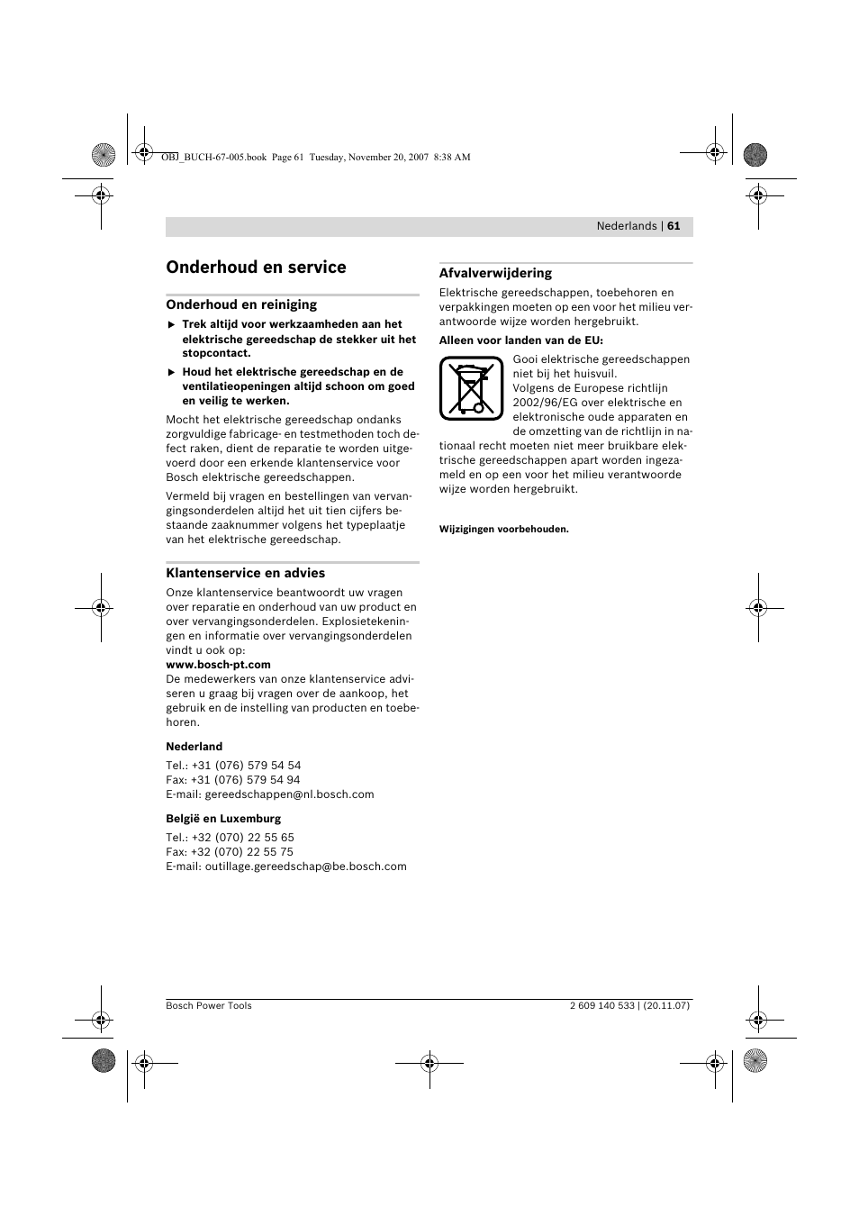 Onderhoud en service | Bosch GSB 13 RE Professional User Manual | Page 61 / 210