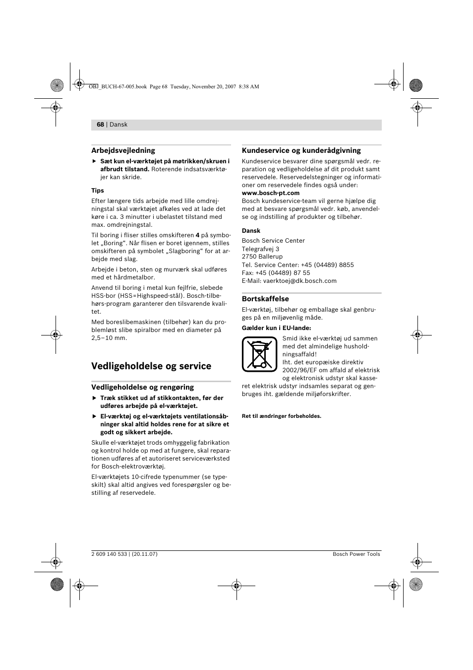 Vedligeholdelse og service | Bosch GSB 13 RE Professional User Manual | Page 68 / 210