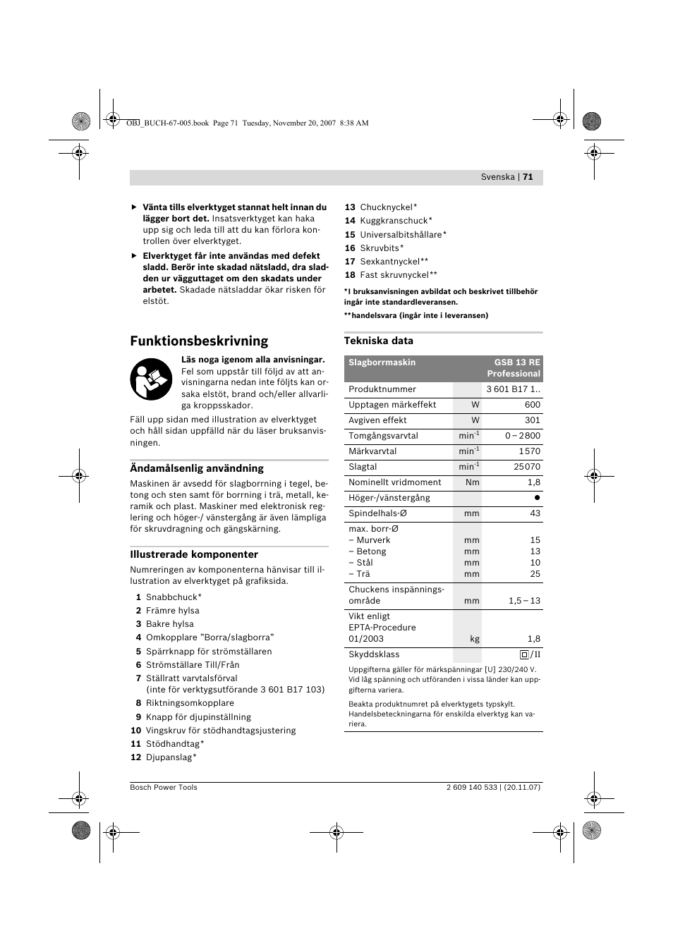 Funktionsbeskrivning | Bosch GSB 13 RE Professional User Manual | Page 71 / 210