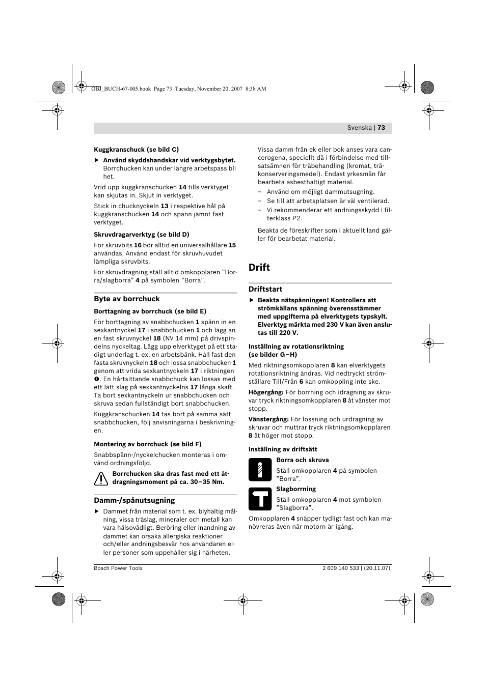 Drift | Bosch GSB 13 RE Professional User Manual | Page 73 / 210
