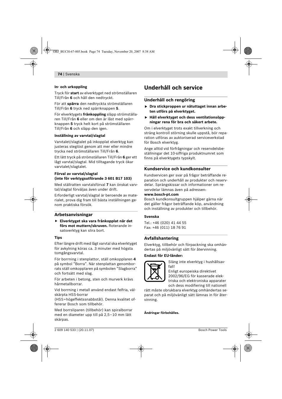 Underhåll och service | Bosch GSB 13 RE Professional User Manual | Page 74 / 210