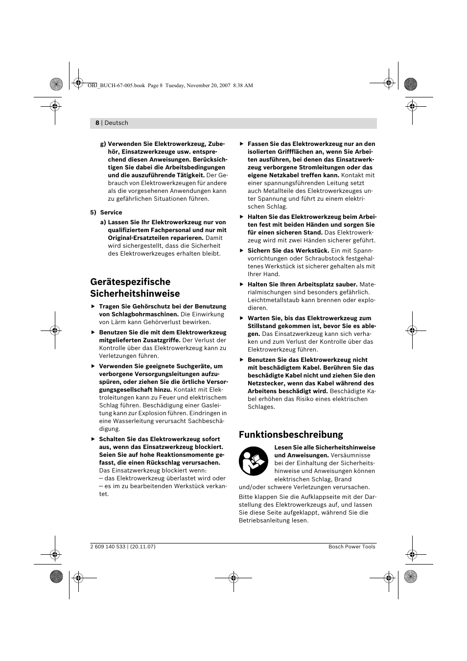 Gerätespezifische sicherheitshinweise, Funktionsbeschreibung | Bosch GSB 13 RE Professional User Manual | Page 8 / 210