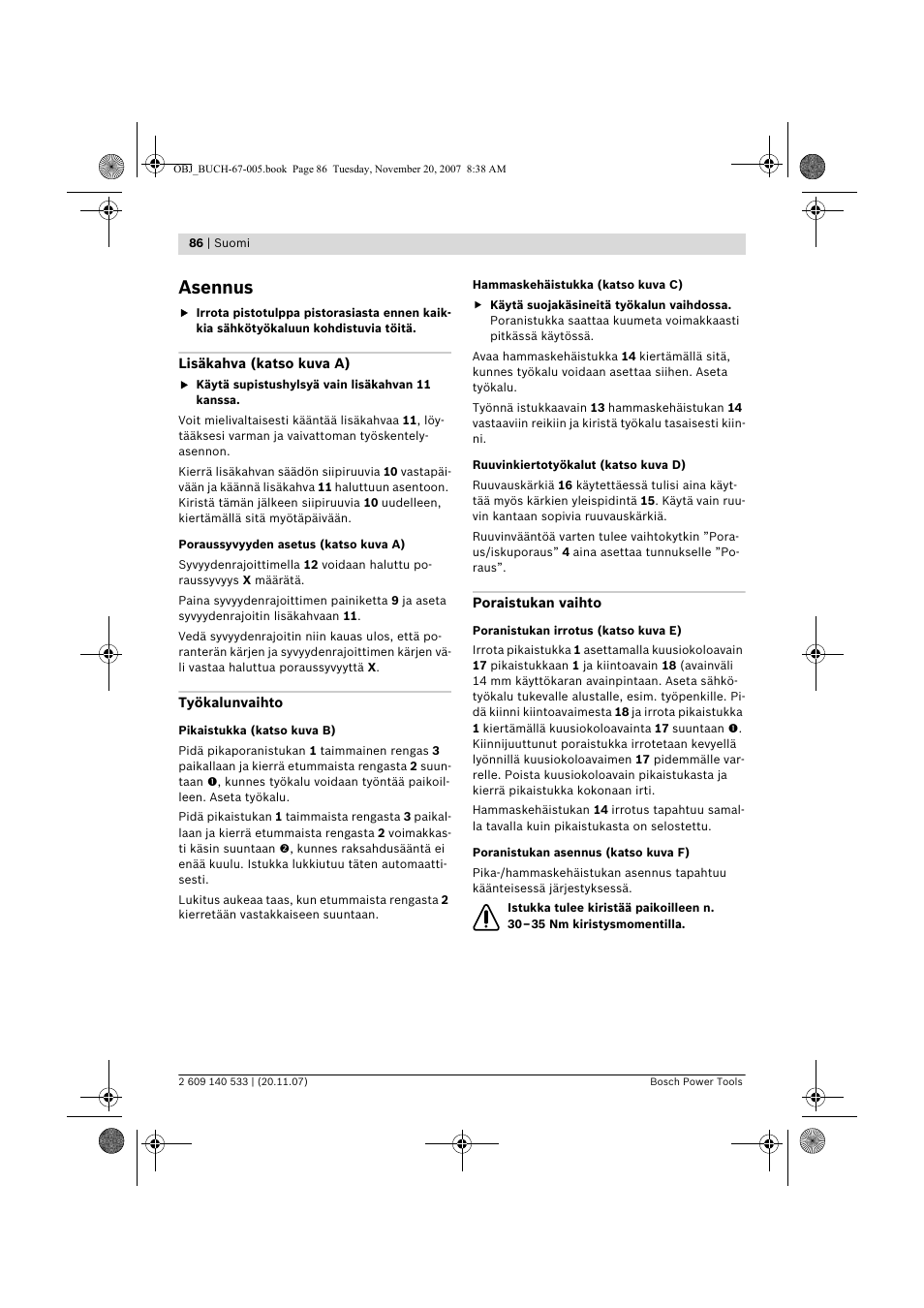 Asennus | Bosch GSB 13 RE Professional User Manual | Page 86 / 210