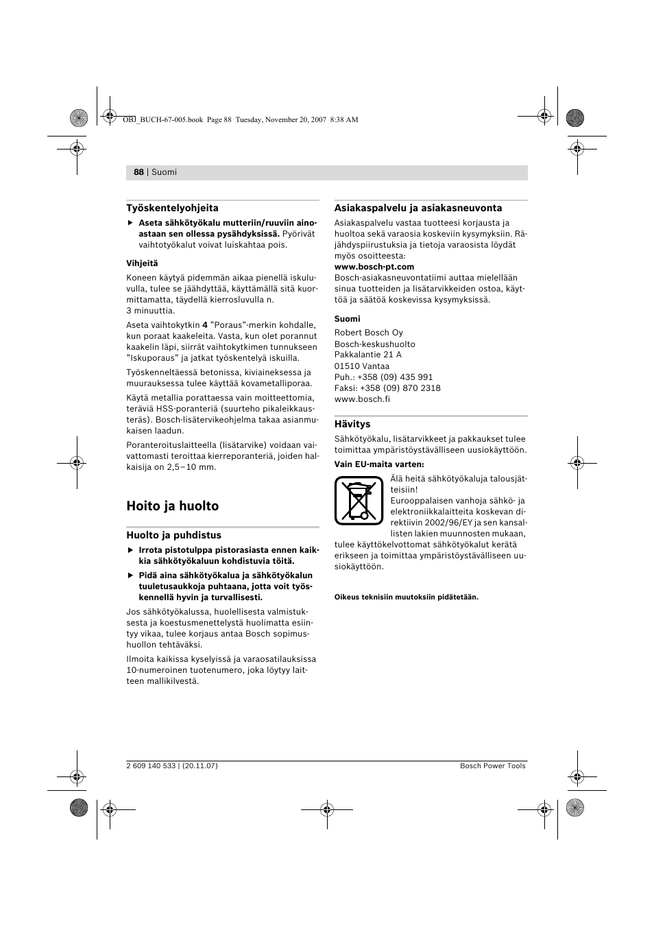 Hoito ja huolto | Bosch GSB 13 RE Professional User Manual | Page 88 / 210