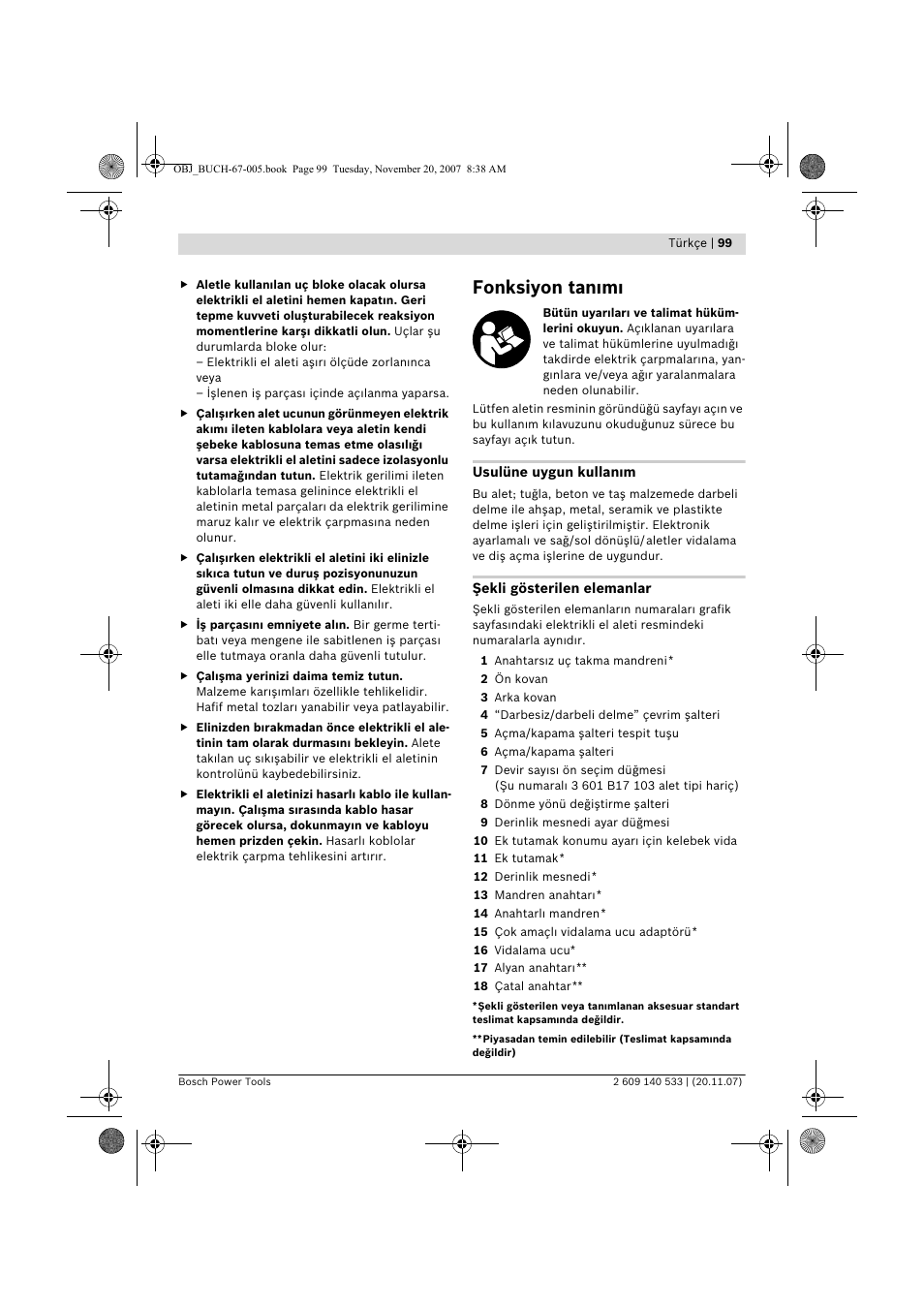 Fonksiyon tan m | Bosch GSB 13 RE Professional User Manual | Page 99 / 210