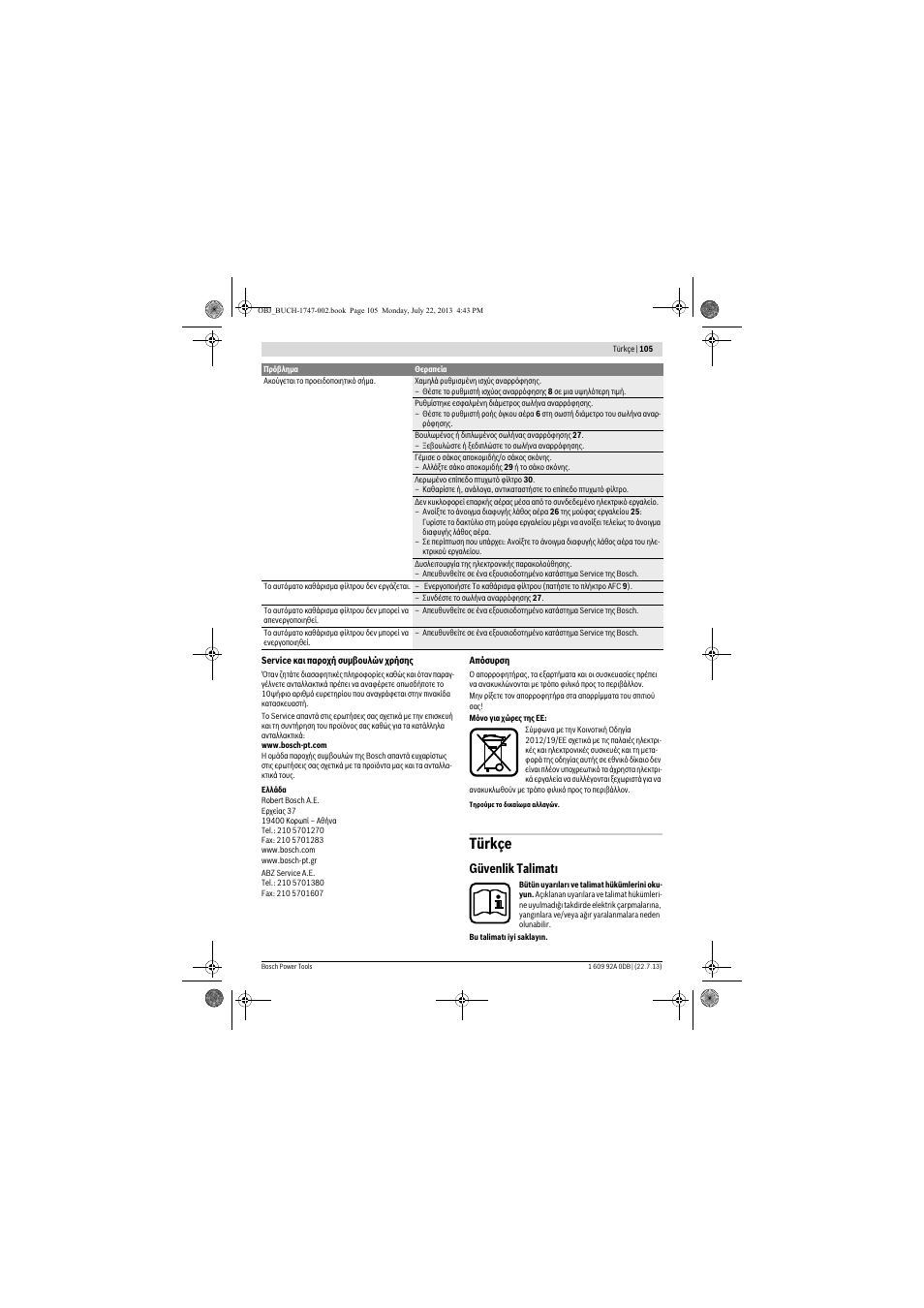 Türkçe, Güvenlik talimatı | Bosch GAS 55 M AFC Professional User Manual | Page 105 / 264