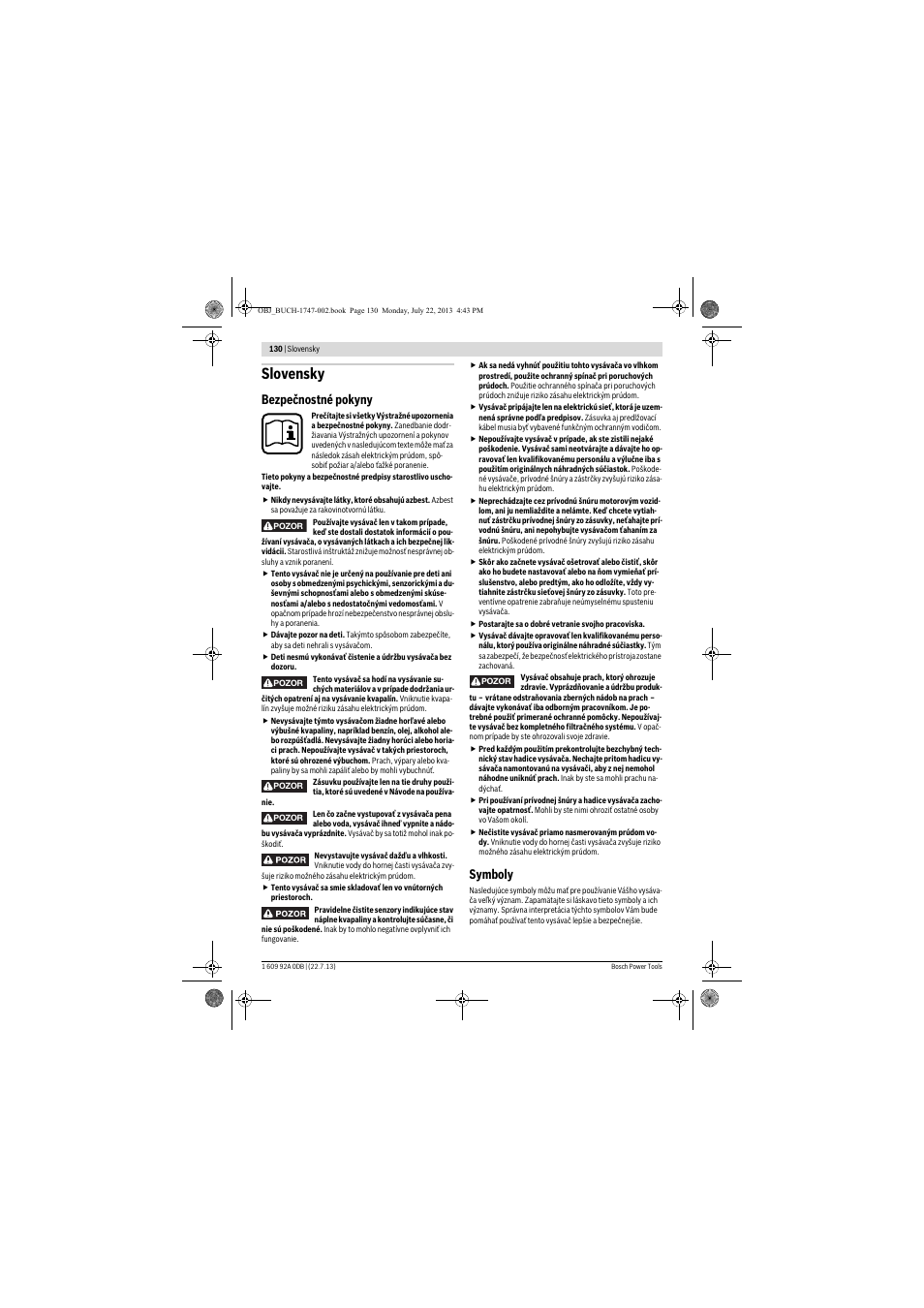 Slovensky, Bezpečnostné pokyny, Symboly | Bosch GAS 55 M AFC Professional User Manual | Page 130 / 264
