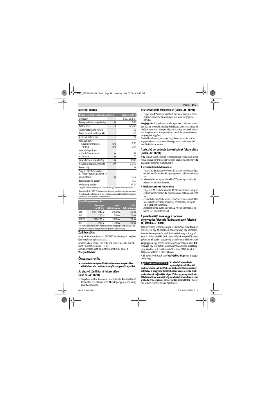 Összeszerelés | Bosch GAS 55 M AFC Professional User Manual | Page 141 / 264