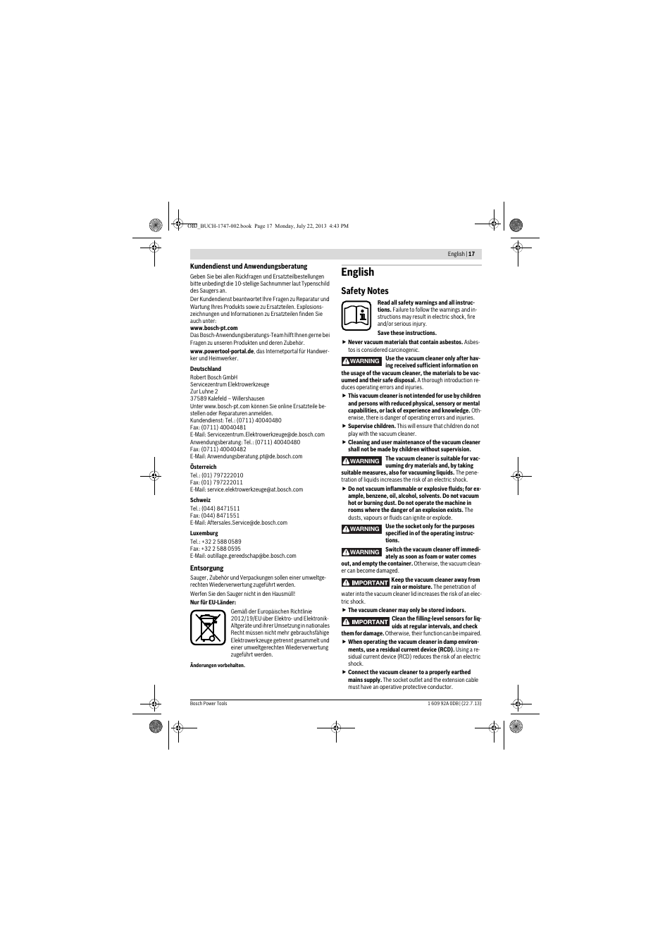 English | Bosch GAS 55 M AFC Professional User Manual | Page 17 / 264