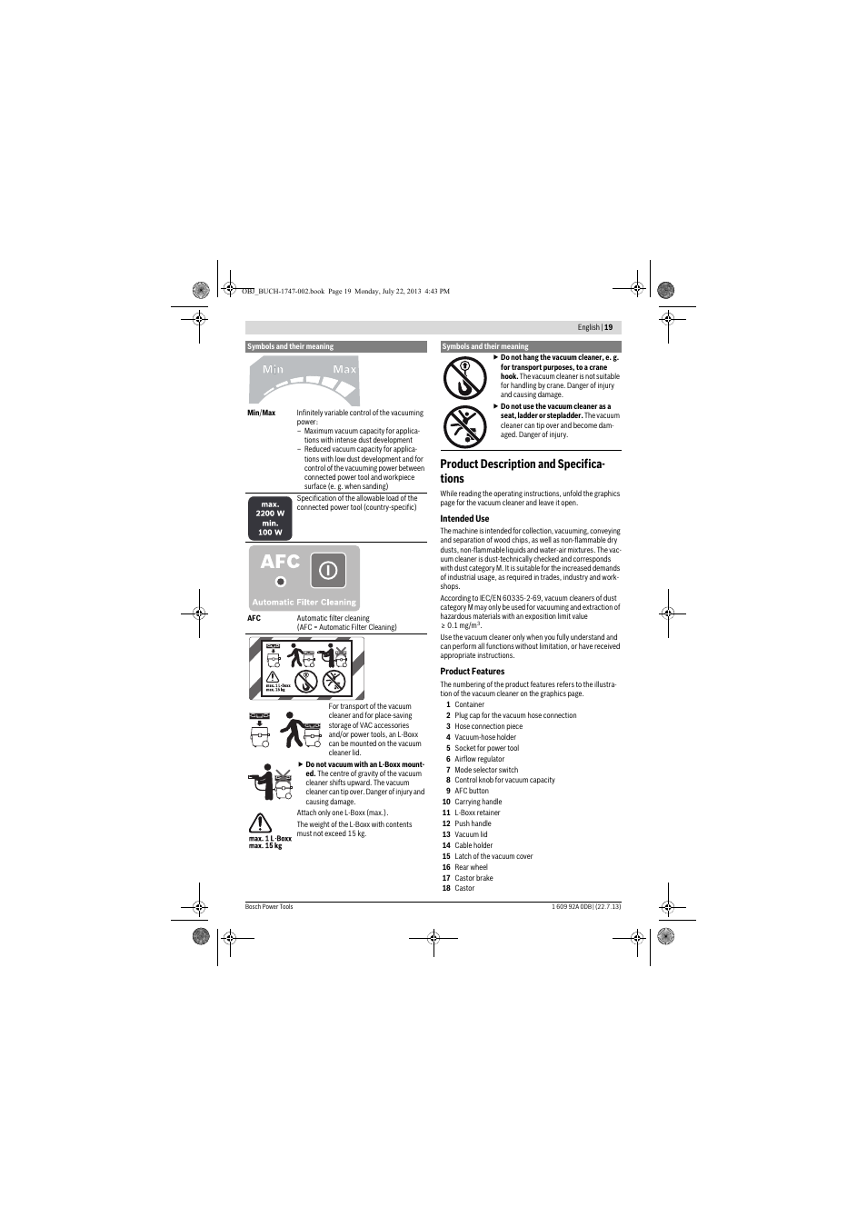 Product description and specifica- tions | Bosch GAS 55 M AFC Professional User Manual | Page 19 / 264