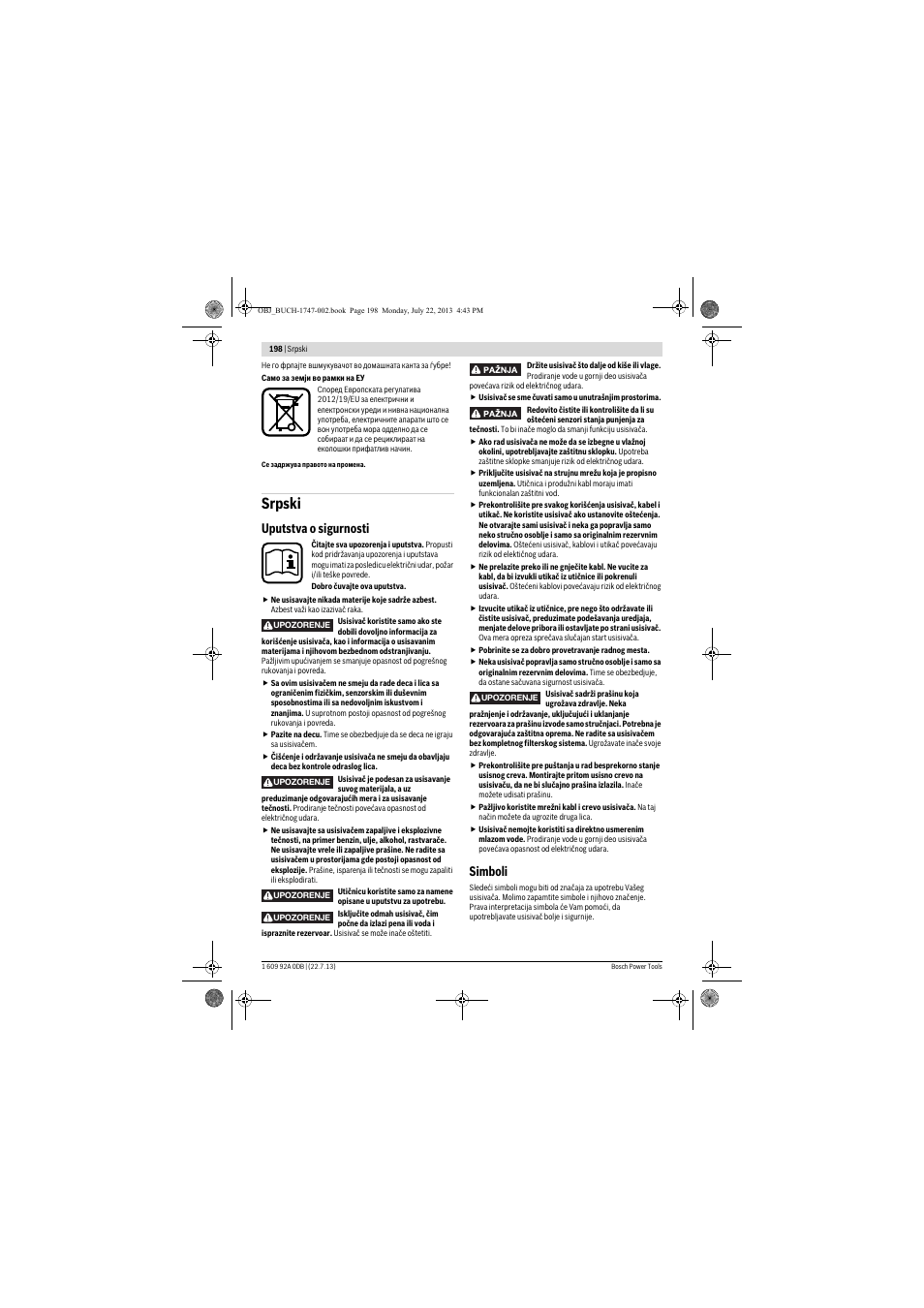 Srpski, Uputstva o sigurnosti, Simboli | Bosch GAS 55 M AFC Professional User Manual | Page 198 / 264