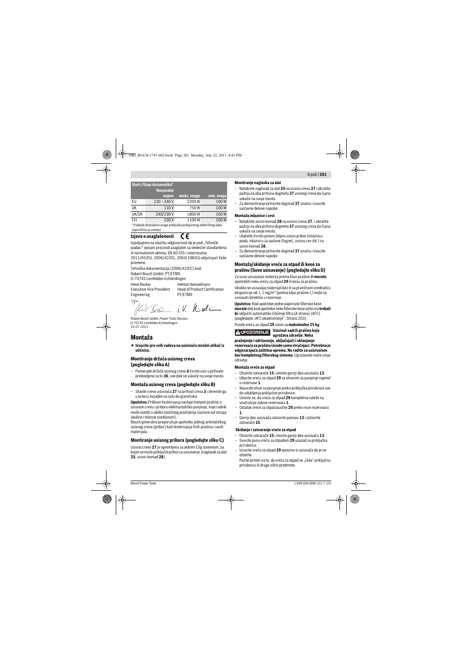 Montaža | Bosch GAS 55 M AFC Professional User Manual | Page 201 / 264