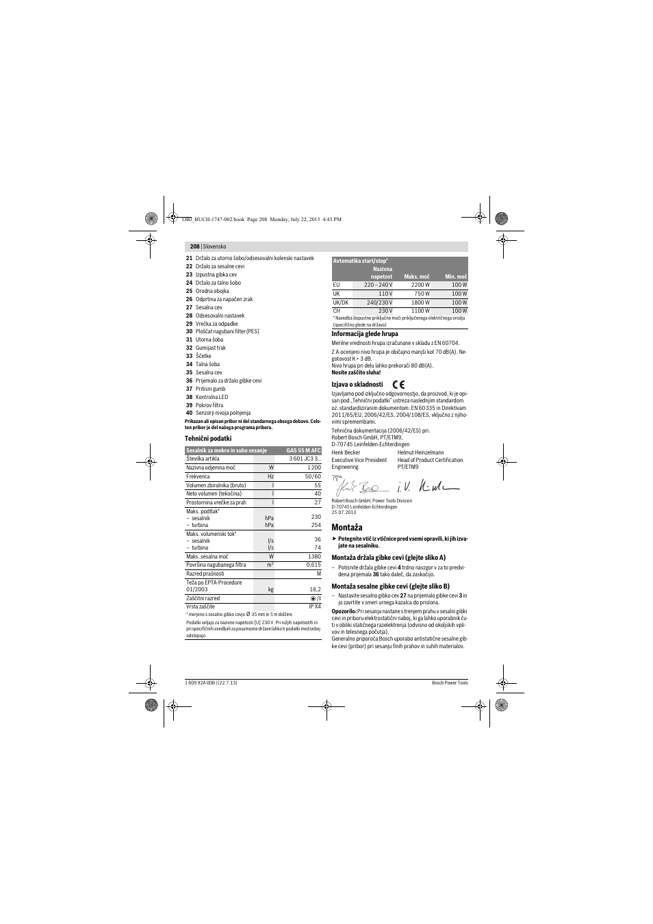 Montaža | Bosch GAS 55 M AFC Professional User Manual | Page 208 / 264