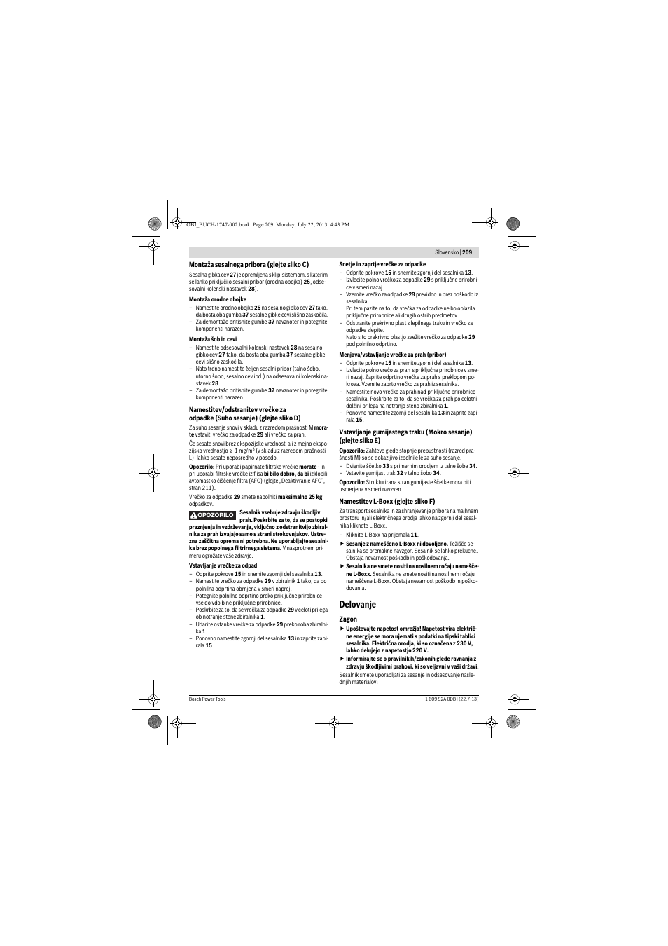 Delovanje | Bosch GAS 55 M AFC Professional User Manual | Page 209 / 264