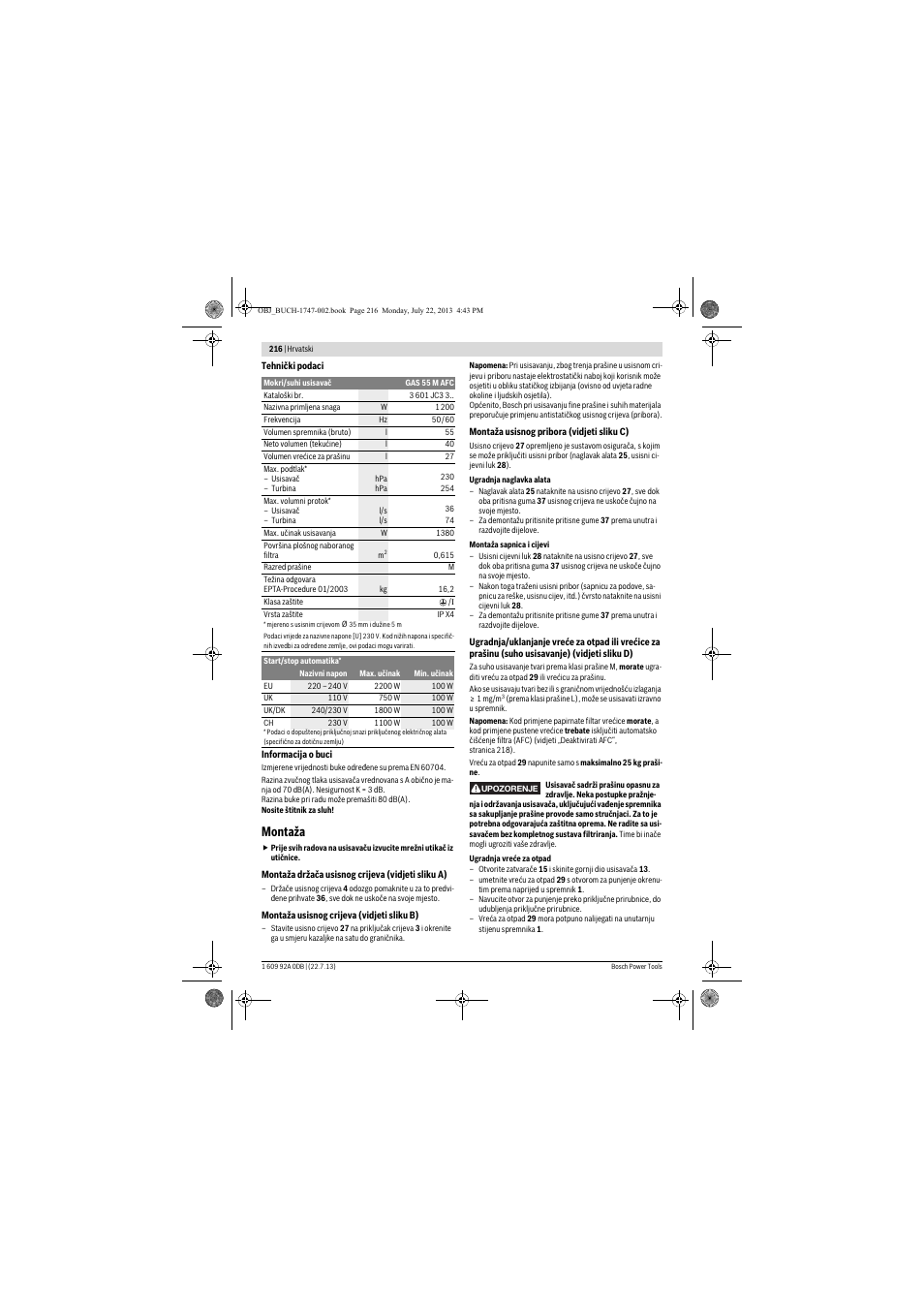 Montaža | Bosch GAS 55 M AFC Professional User Manual | Page 216 / 264