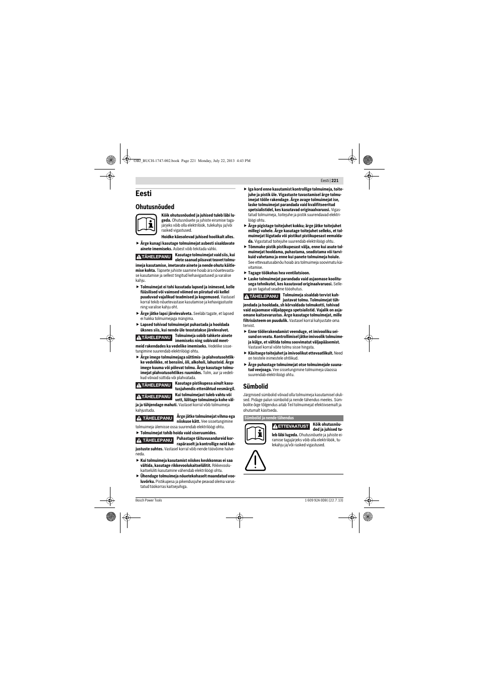 Eesti, Ohutusnõuded, Sümbolid | Bosch GAS 55 M AFC Professional User Manual | Page 221 / 264