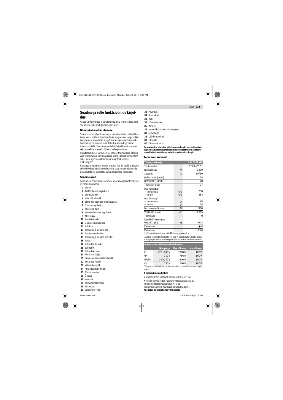 Seadme ja selle funktsioonide kirjel- dus | Bosch GAS 55 M AFC Professional User Manual | Page 223 / 264