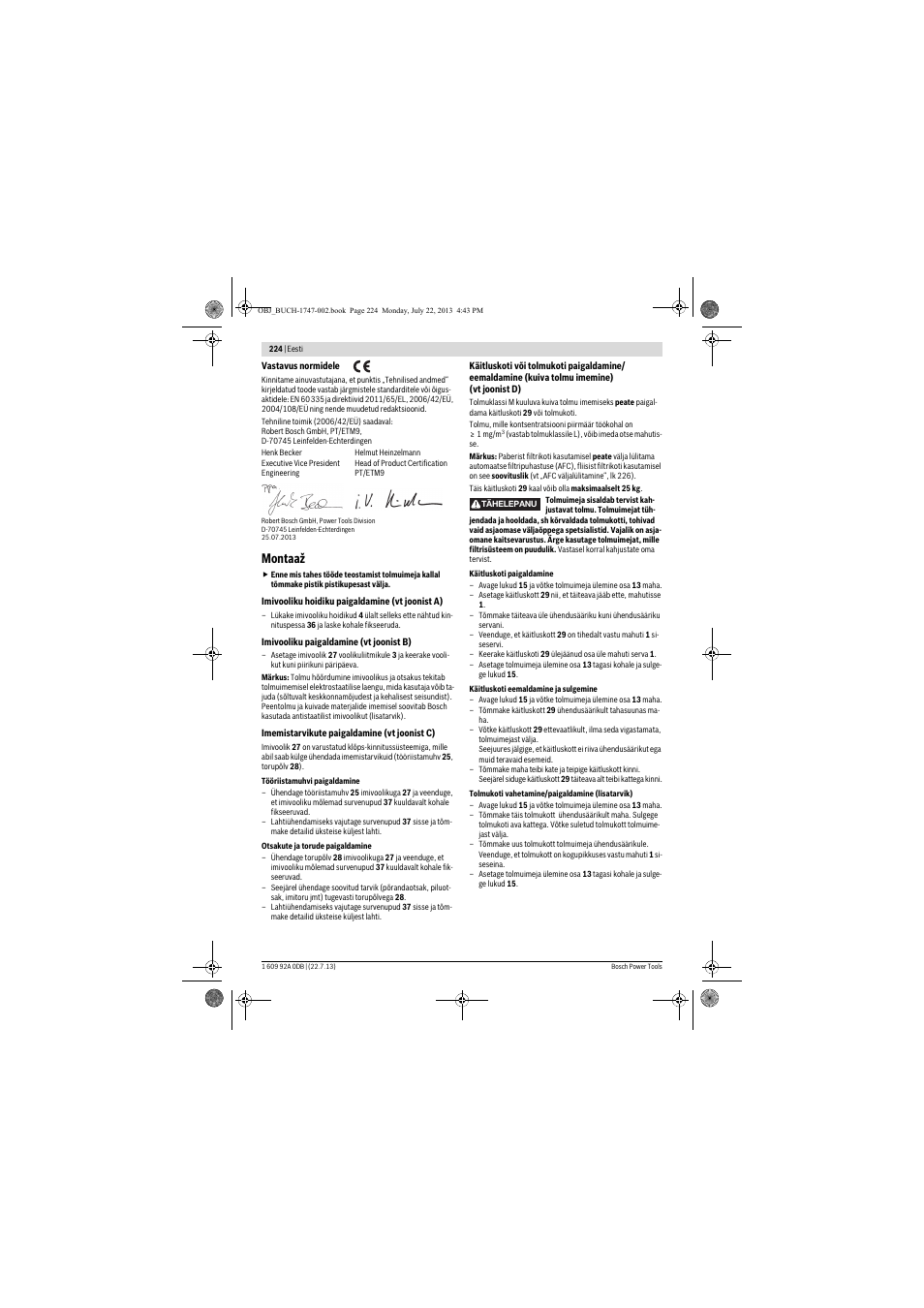 Montaaž | Bosch GAS 55 M AFC Professional User Manual | Page 224 / 264