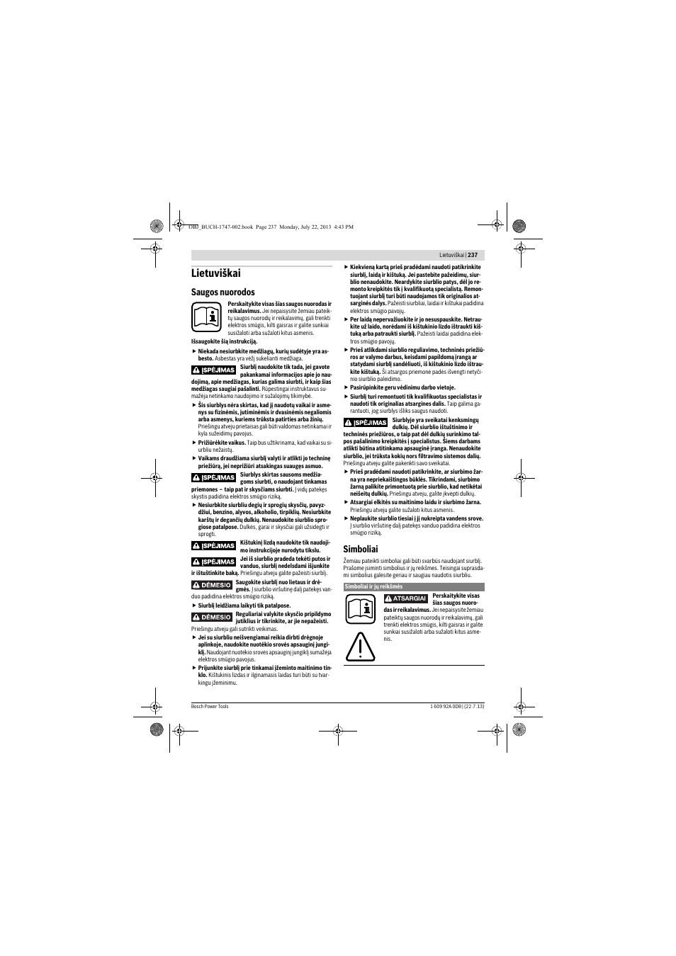 Lietuviškai, Saugos nuorodos, Simboliai | Bosch GAS 55 M AFC Professional User Manual | Page 237 / 264