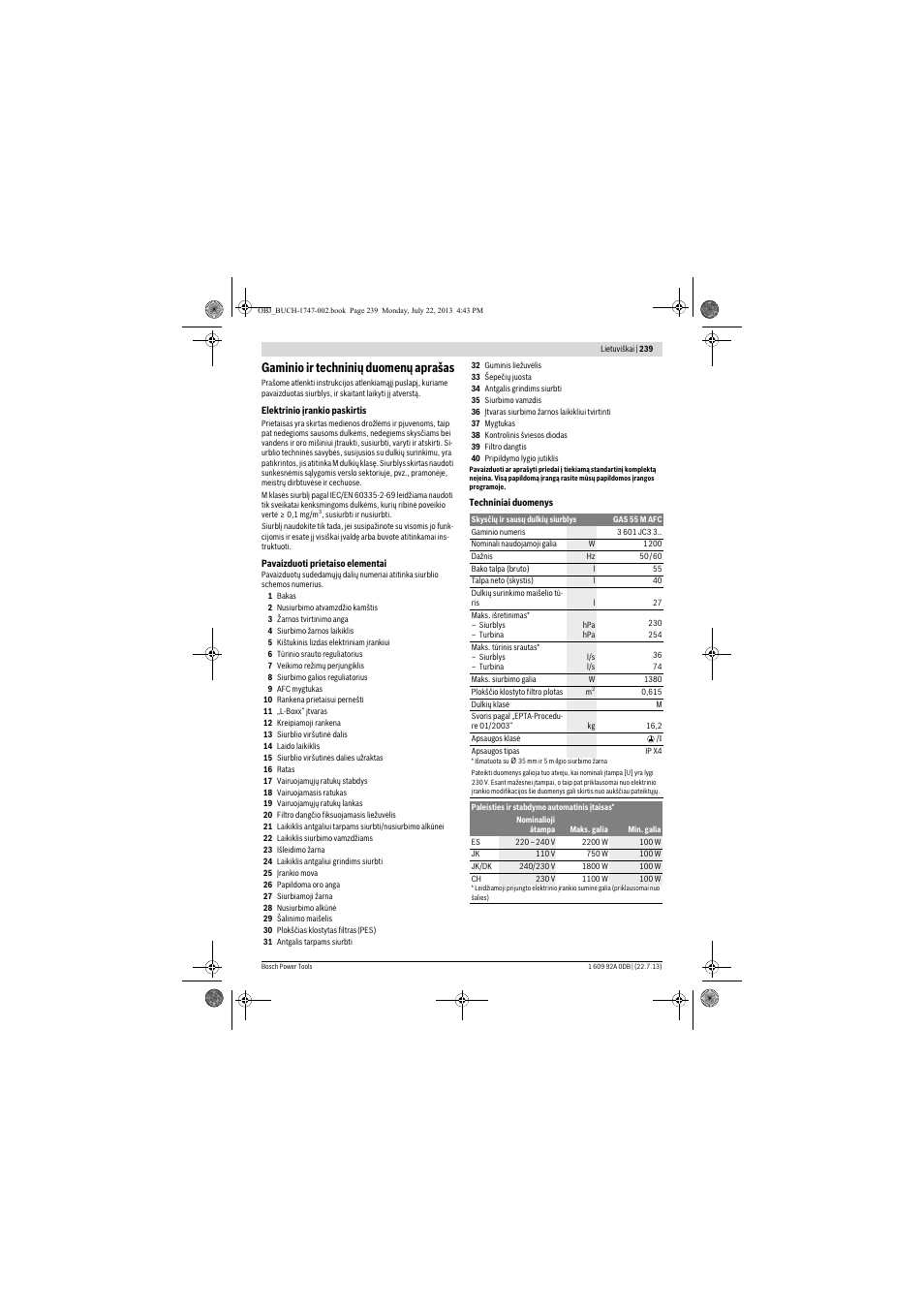 Gaminio ir techninių duomenų aprašas | Bosch GAS 55 M AFC Professional User Manual | Page 239 / 264