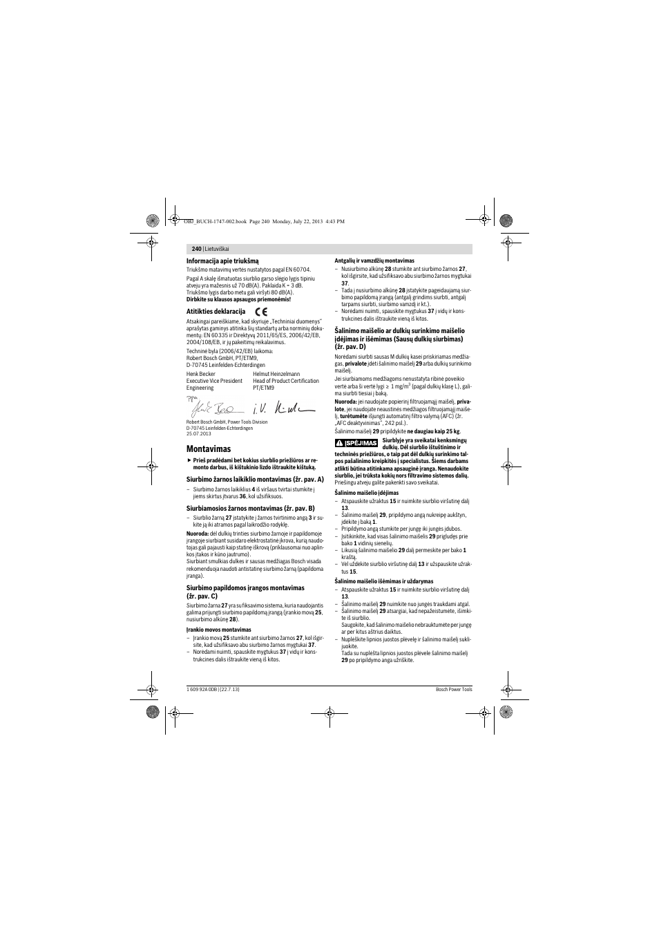 Montavimas | Bosch GAS 55 M AFC Professional User Manual | Page 240 / 264