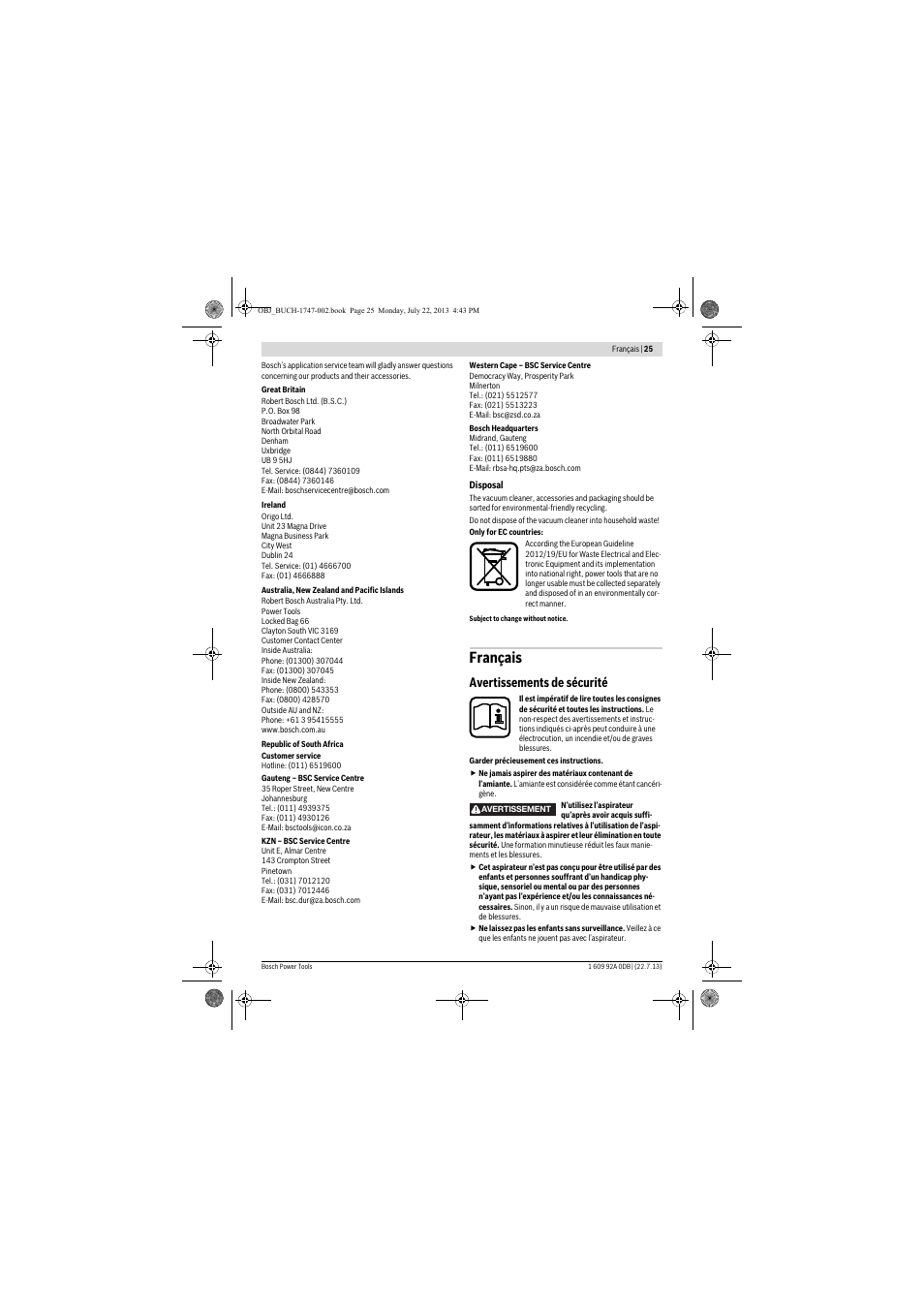 Français, Avertissements de sécurité | Bosch GAS 55 M AFC Professional User Manual | Page 25 / 264