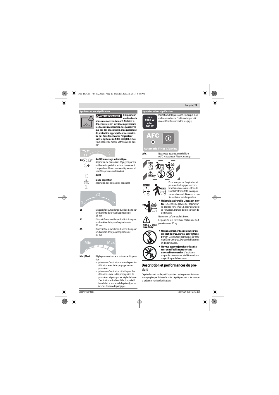 Description et performances du pro- duit | Bosch GAS 55 M AFC Professional User Manual | Page 27 / 264