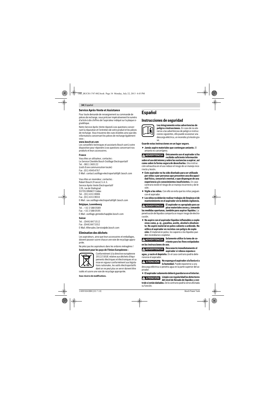 Español, Instrucciones de seguridad | Bosch GAS 55 M AFC Professional User Manual | Page 34 / 264