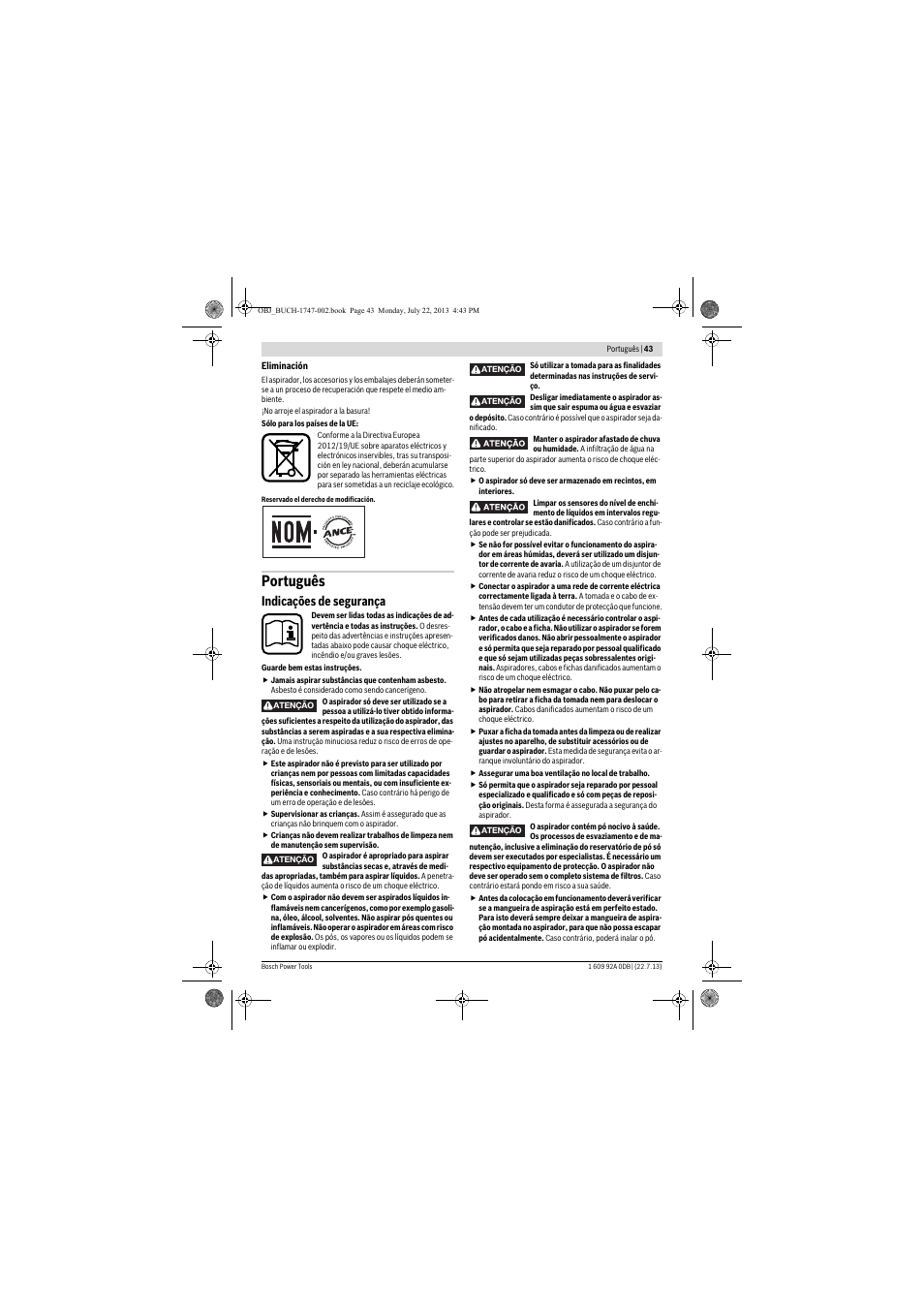 Português, Indicações de segurança | Bosch GAS 55 M AFC Professional User Manual | Page 43 / 264