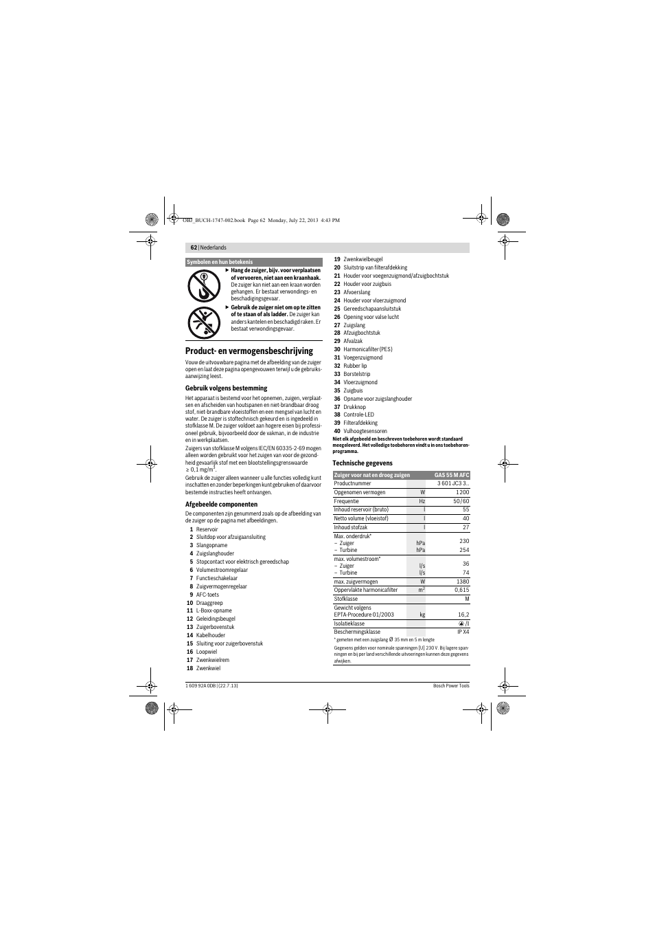 Product- en vermogensbeschrijving | Bosch GAS 55 M AFC Professional User Manual | Page 62 / 264