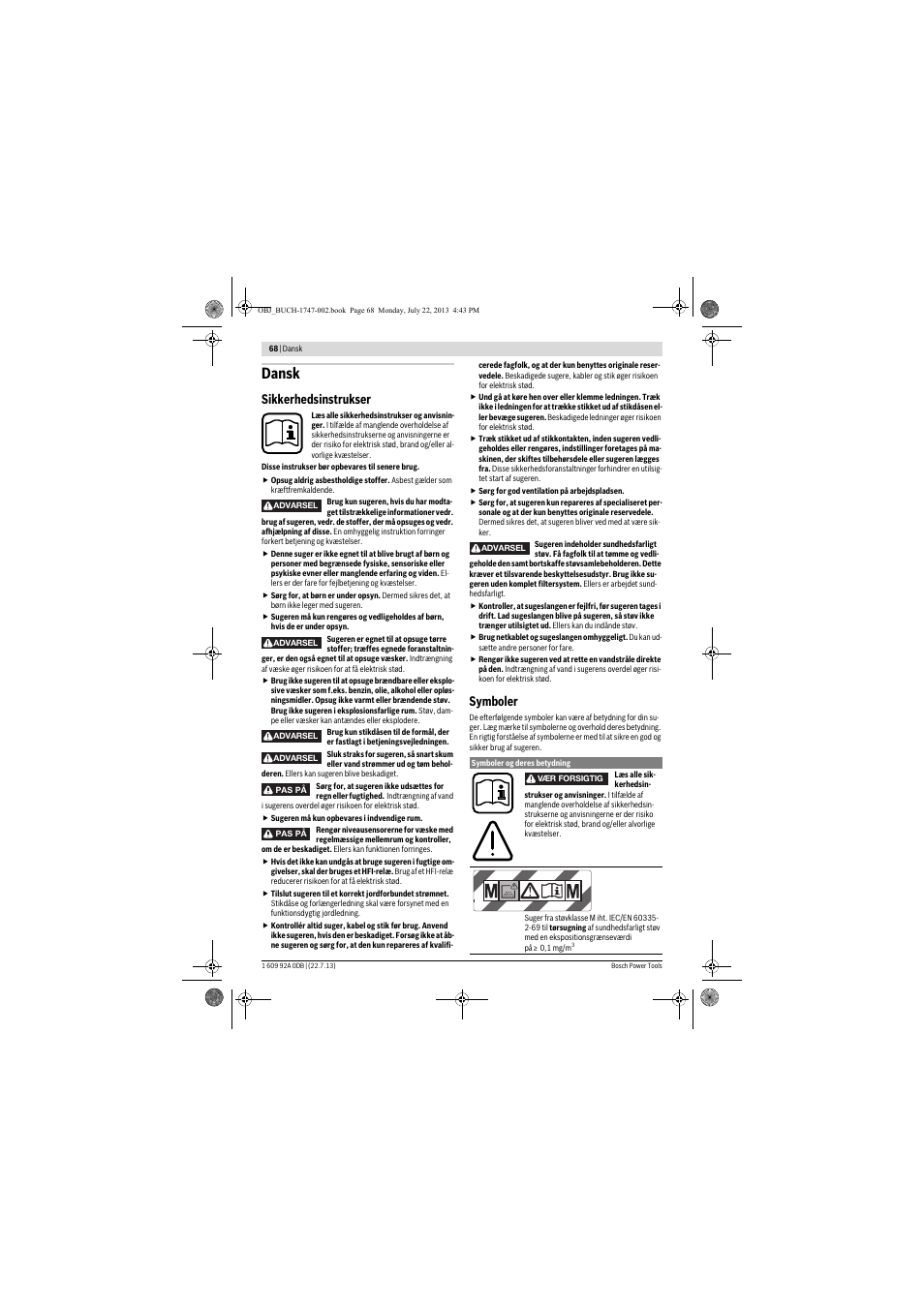 Dansk, Sikkerhedsinstrukser, Symboler | Bosch GAS 55 M AFC Professional User Manual | Page 68 / 264