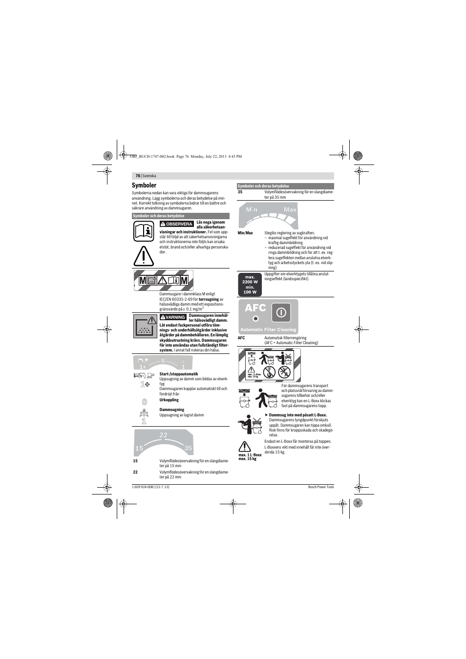 Symboler | Bosch GAS 55 M AFC Professional User Manual | Page 76 / 264