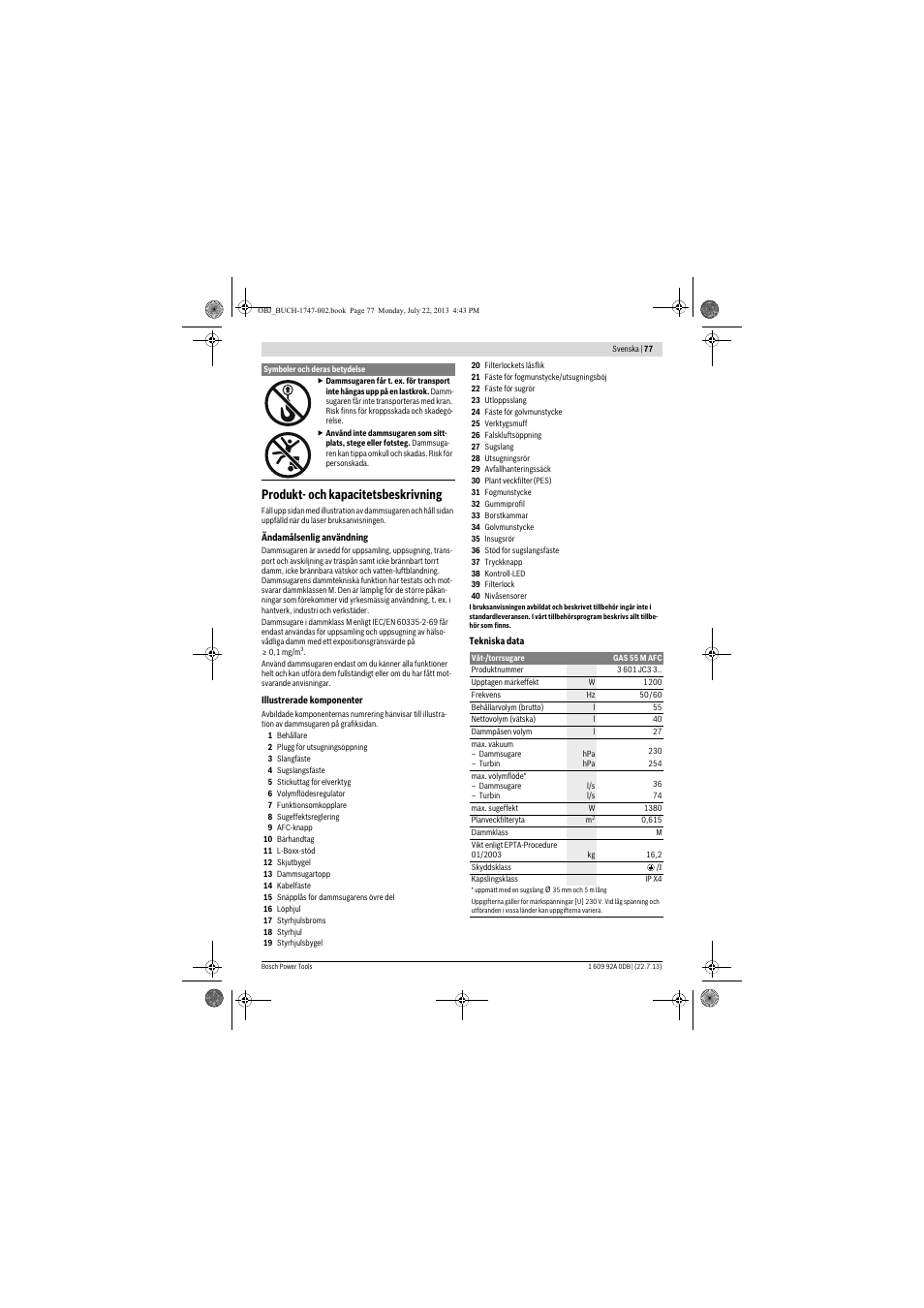 Produkt- och kapacitetsbeskrivning | Bosch GAS 55 M AFC Professional User Manual | Page 77 / 264