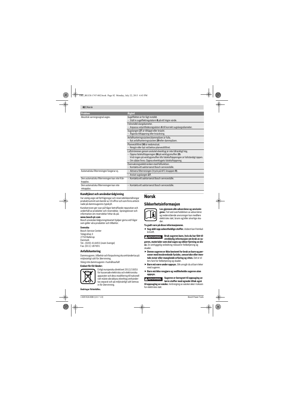 Norsk, Sikkerhetsinformasjon | Bosch GAS 55 M AFC Professional User Manual | Page 82 / 264