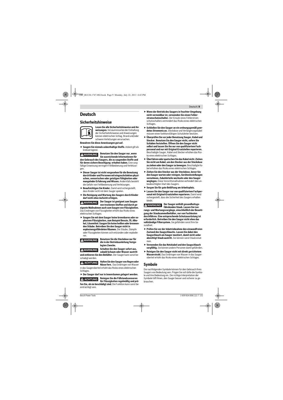 Deutsch, Sicherheitshinweise, Symbole | Bosch GAS 55 M AFC Professional User Manual | Page 9 / 264