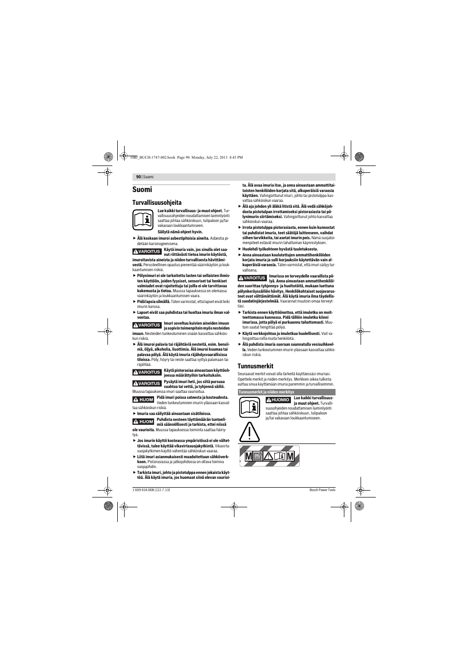 Suomi, Turvallisuusohjeita, Tunnusmerkit | Bosch GAS 55 M AFC Professional User Manual | Page 90 / 264