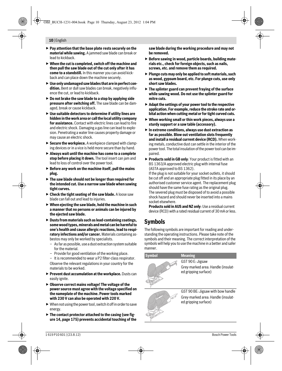 Symbols | Bosch GST 90 E Professional User Manual | Page 10 / 178