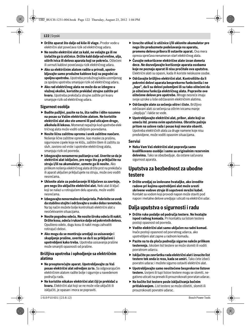 Uputstva za bezbednost za ubodne testere, Dalja uputstva o sigurnosti i radu | Bosch GST 90 E Professional User Manual | Page 122 / 178