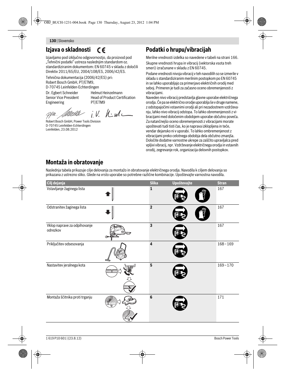 Izjava o skladnosti, Podatki o hrupu/vibracijah, Montaža in obratovanje | Bosch GST 90 E Professional User Manual | Page 130 / 178